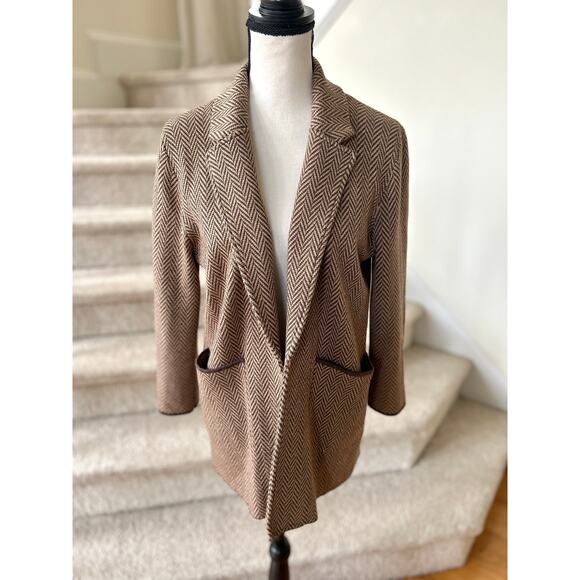 J.Crew Sophie Brown Herringbone Cotton Merino Wool Sweater Cardigan Blazer - Picture 2 of 7